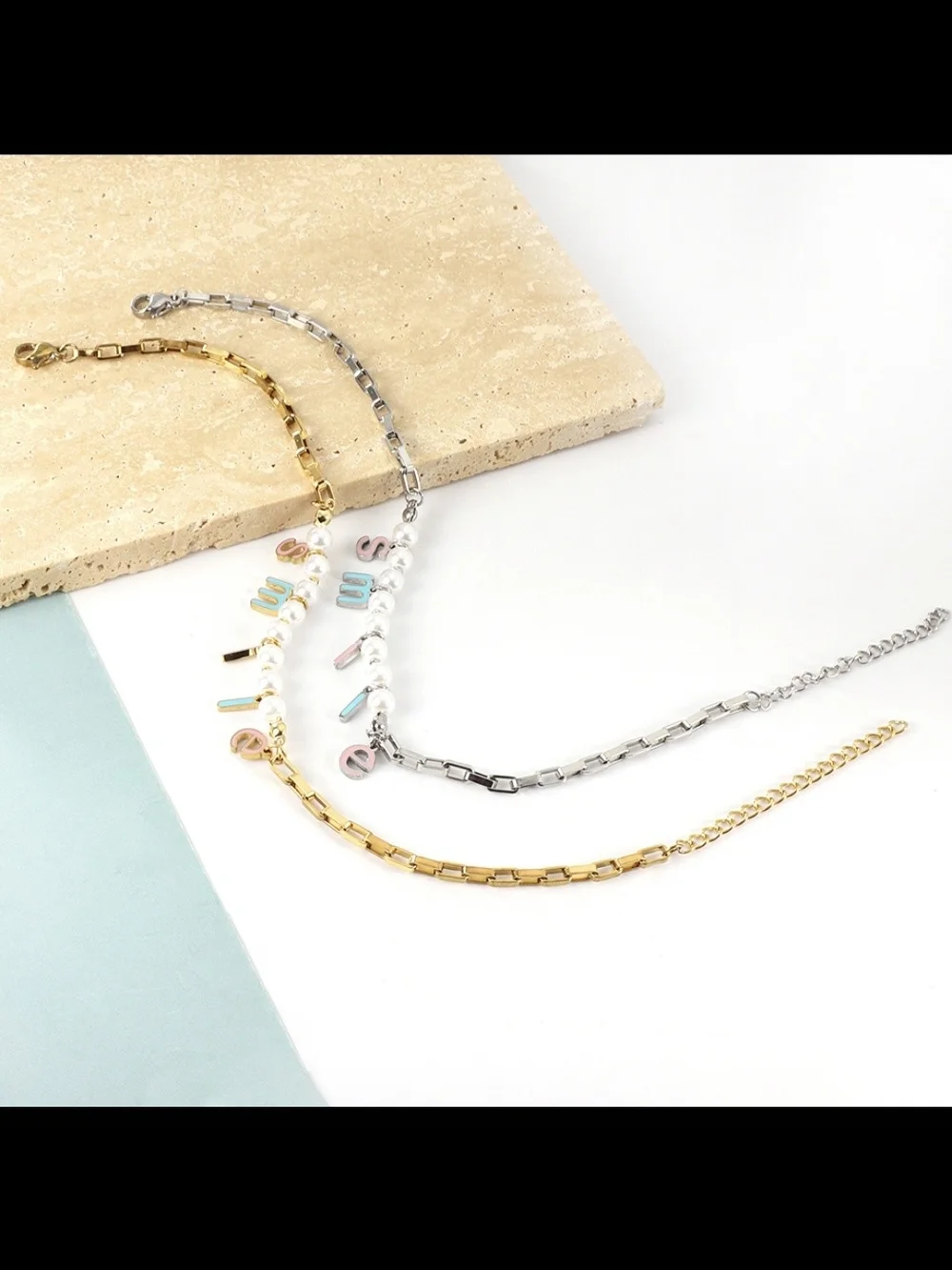 Gold Smiley Letter Charm Anklet with Pearls - Unbranded